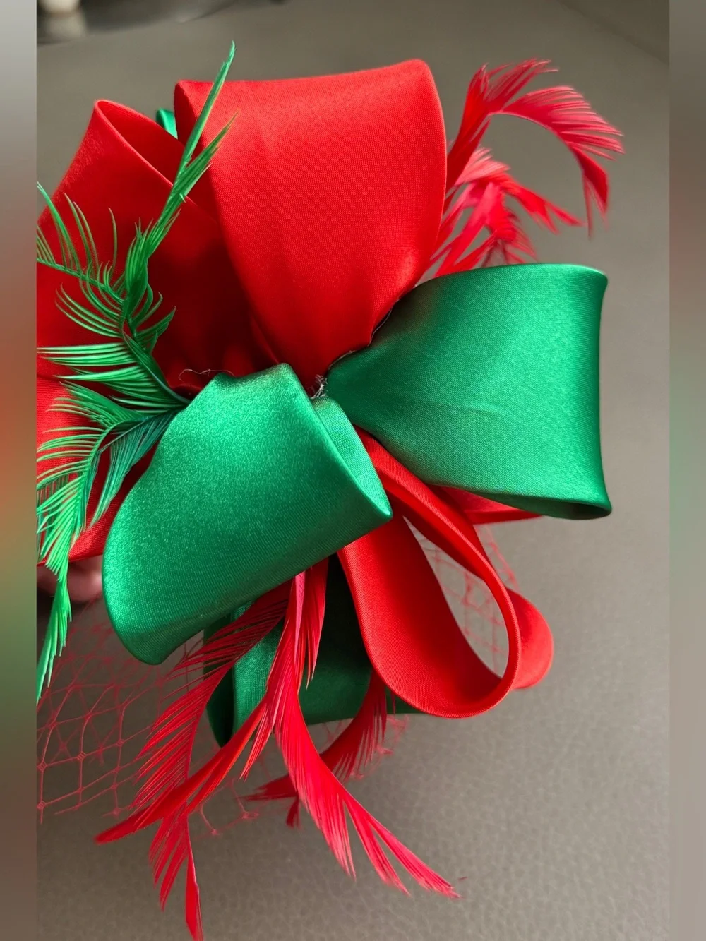 Red and Green Feathered Satin Bow Fascinator